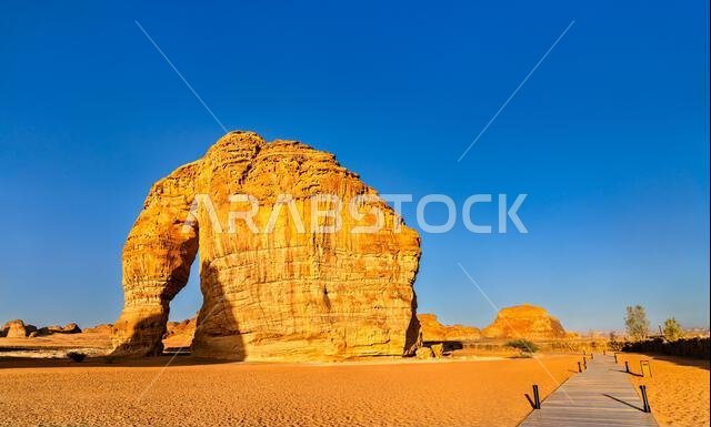 The massive Elephant Rock, also known as Jabal AlFil, standing in the desert of Al Ula, Saudi Arabia, featuring a wooden walkway in the foreground under a clear blue sky.