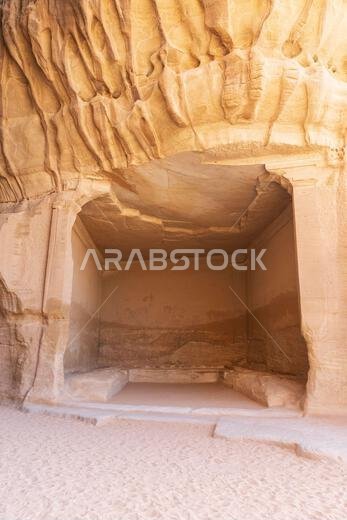 The Diwan, a rock-cut chamber, used by the ancient Nabataeans as a sacred meeting and banquet hall at Jabal Ithlib in Hegra (AlUla), Saudi Arabia
