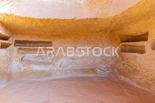 Burial niches at Jabal al-Banat (Mountain of the Women) at the Nabataean archaeological site of Hegra near Ul Ula, Saudi Arabia