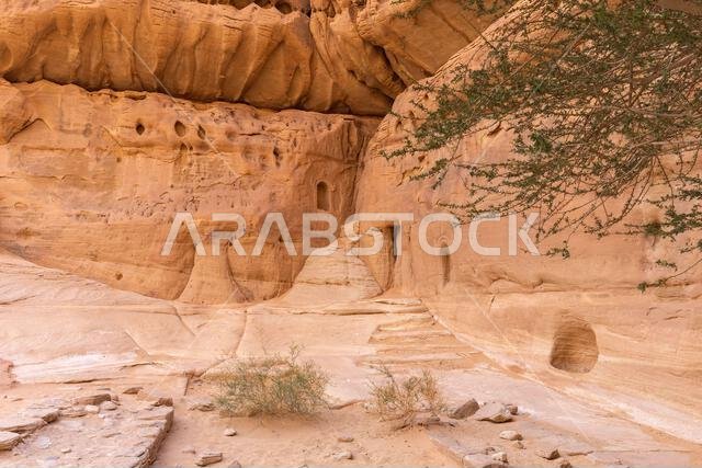 The Diwan, a rock-cut chamber, used by the ancient Nabataeans as a sacred meeting and banquet hall at Jabal Ithlib in Hegra (AlUla), Saudi Arabia
