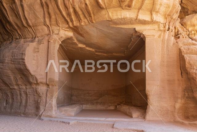The Diwan, a rock-cut chamber, used by the ancient Nabataeans as a sacred meeting and banquet hall at Jabal Ithlib in Hegra (AlUla), Saudi Arabia