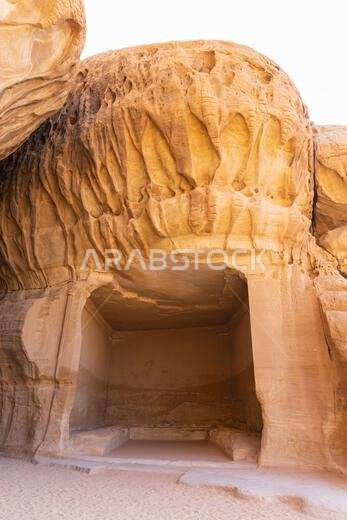 The Diwan, a rock-cut chamber, used by the ancient Nabataeans as a sacred meeting and banquet hall at Jabal Ithlib in Hegra (AlUla), Saudi Arabia