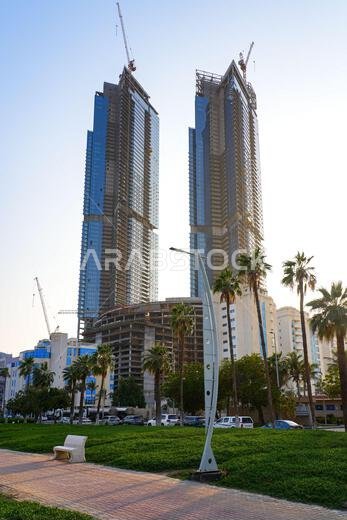 Modern Sumou Twin Towers under construction at Jeddah New Corniche waterfront, Saudi Arabia