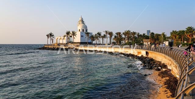 Island Mosque Al-Rahmah on the waterfront of Jeddah New Corniche on the Red Sea coast in Saudi Arabia