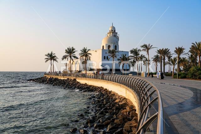 Island Mosque Al-Rahmah on the waterfront of Jeddah New Corniche on the Red Sea coast in Saudi Arabia