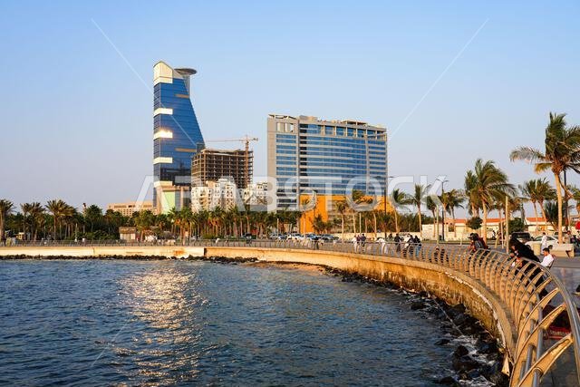 Headquarter Business Park skyscraper and heliport on the Jeddah New Corniche along the Red Sea coast in Saudi Arabia