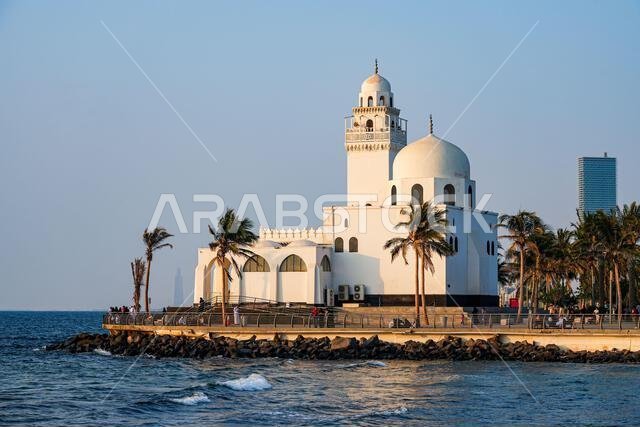 Island Mosque Al-Rahmah on the waterfront of Jeddah New Corniche on the Red Sea coast in Saudi Arabia