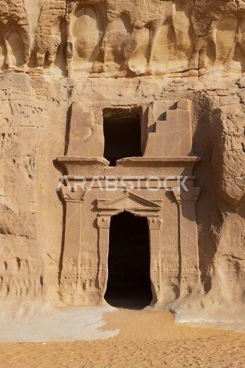 Close-up of a rock-cut tomb at Jabal al-Banat (Mountain of the Women) at the Nabataean archaeological site of Hegra near UlUla, Saudi Arabia