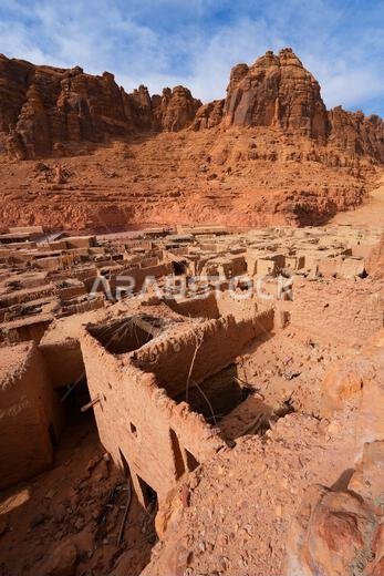 High angle view of the ruined mudbrick houses and traditional roofs in AlUla Old Town, Saudi Arabia