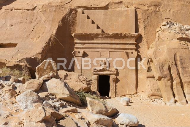 Close-up of a rock-cut tomb at Jabal al-Banat (Mountain of the Women) at the Nabataean archaeological site of Hegra near UlUla, Saudi Arabia