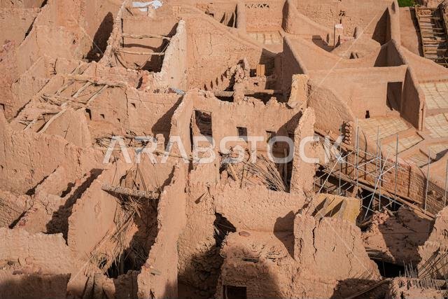 High angle view of the ruined mudbrick houses and traditional roofs in AlUla Old Town, Saudi Arabia