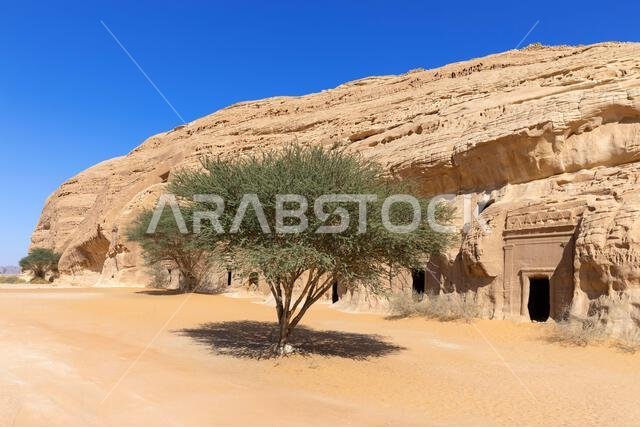 Rock-cut tombs at Jabal al-Banat (Mountain of the Women) at the Nabataean archaeological site of Hegra near Ul Ula, Saudi Arabia