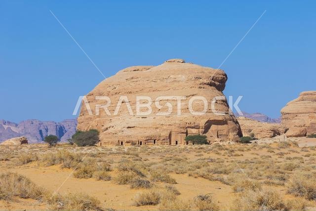 A panoramic view across Jabal al-Banat (Mountain of the Women) at the Nabataean archaeological site of Hegra near Ul Ula, Saudi Arabia