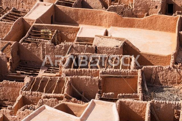 High angle view of the ruined mudbrick houses and traditional roofs in AlUla Old Town, Saudi Arabia