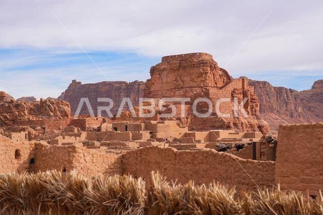 AlUla Castle towering over the mudbrick houses of the Old Town in Saudi Arabia