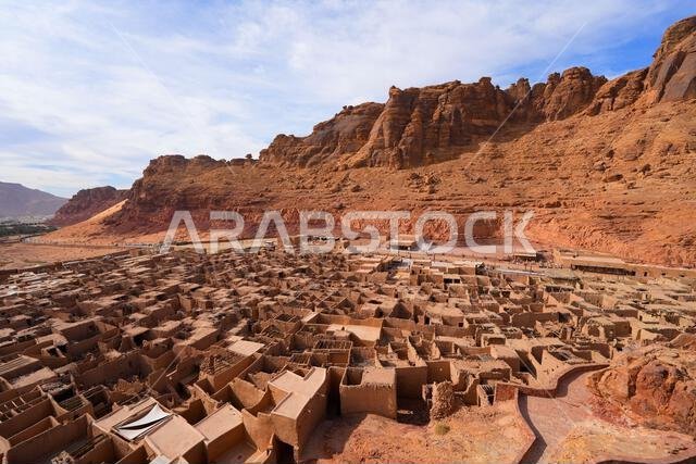 Aerial view of the rooftops of AlUla Old Town in the desert of northern Saudi Arabia