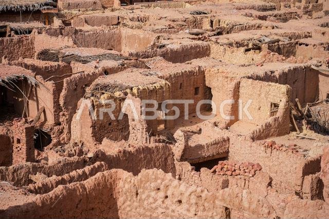 High angle view of the ruined mudbrick houses and traditional roofs in AlUla Old Town, Saudi Arabia