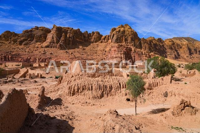 AlUla Castle towering over the mudbrick houses of the Old Town in Saudi Arabia