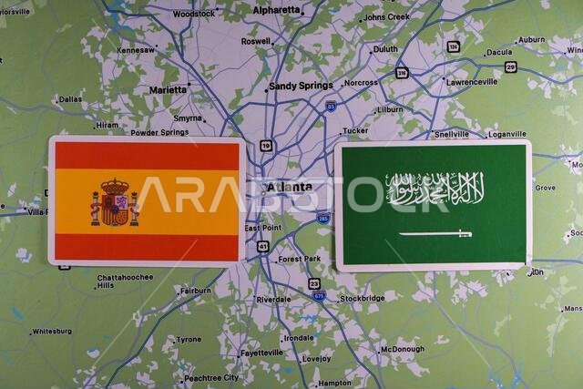 June 9, 2026, United States. Flags of the participants of the FIFA World Cup group stage of the national teams of Spain and Saudi Arabia on the backgr