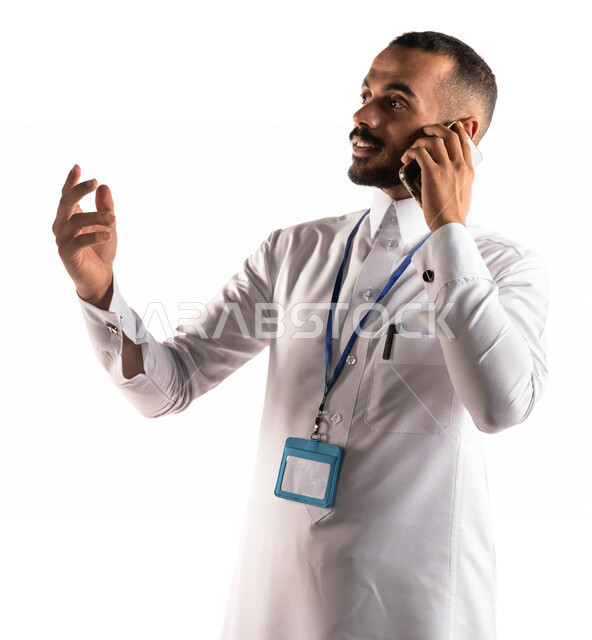 Portrait of a Saudi Arabian Gulf man wearing an identification card, facial and hands gestures indicating explanation and clarification, giving seminars and lectures, training course, presenting ideas and information, dialogue and discussion, white backgr