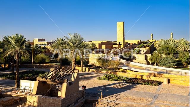 Scenic view of Bujairi Terrace and traditional Najdi architecture under a blue sky in historic Diriyah, Saudi Arabia. Scenic view of Bujairi Terrace and traditional Najdi architecture under a blue sky in historic Diriyah, Saudi Arabia.
