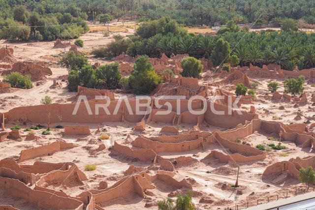 منظر جوي للجدران الطينية التاريخية التي تم ترميمها وأشجار النخيل في واحة العلا، المملكة العربية السعودية