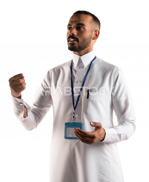Portrait of a Saudi Arabian Gulf man wearing an identification card, facial and hands gestures indicating explanation and clarification, giving seminars and lectures, training course, presenting ideas and information, dialogue and discussion, white backgr