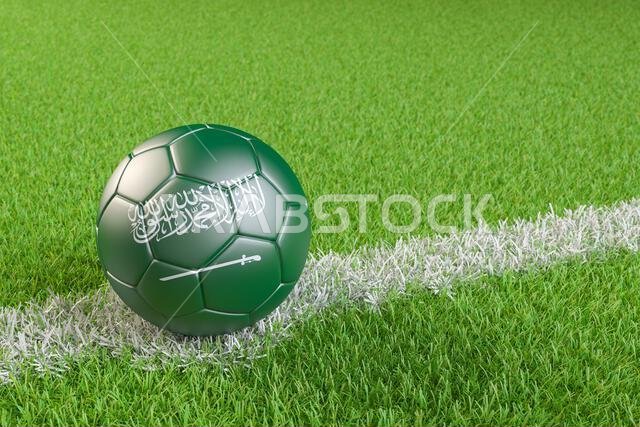 Football / soccer ball with a flag overlay of Saudi Arabia on a football pitch background. International match and national team of Saudi Arabia conce