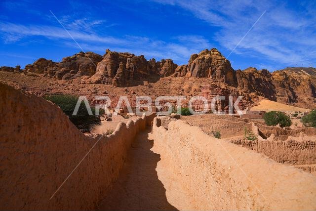 Traditional mudbrick wall path weaving through the lush green palm oasis in AlUla, Saudi Arabia