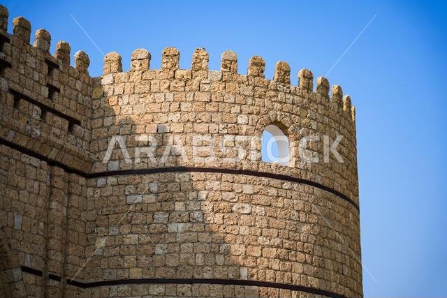 Round tower of the historic Bab Makkah gate in the old town of Al-Balad in Jeddah, Saudi Arabia