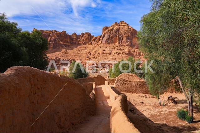 Traditional mudbrick wall path weaving through the lush green palm oasis in AlUla, Saudi Arabia Traditional mudbrick wall path weaving through the lush green palm oasis in AlUla, Saudi Arabia