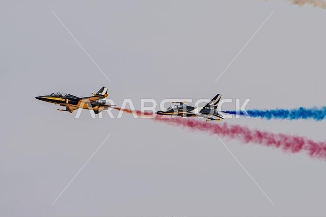 Riyadh, Saudi Arabia - 10 2 2026: fighter jets flying with colored smoke
