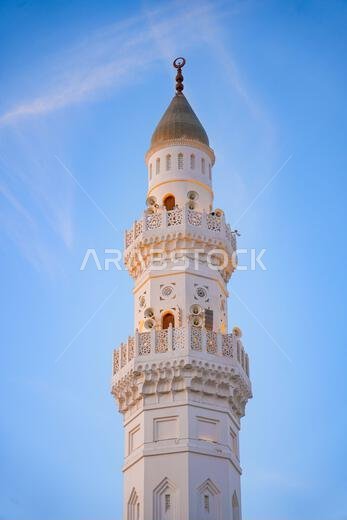 White minaret of the Quba Mosque in the holy city of Madinah, Saudi Arabia
