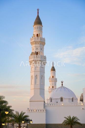 White minarets of the Quba Mosque in the holy city of Madinah, Saudi Arabia