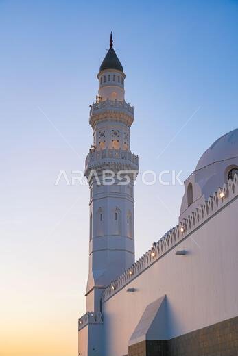White minaret of the Quba Mosque in the holy city of Madinah, Saudi Arabia