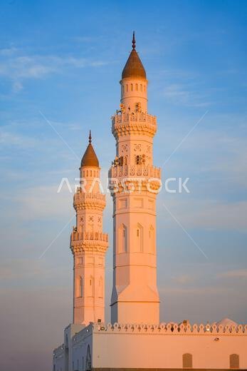 White minarets of the Quba Mosque in the holy city of Madinah, Saudi Arabia