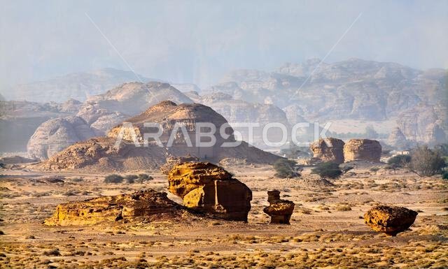 منظر بانورامي لتكوينات الصخور الرملية والمقابر القديمة في الحِجر، وهو موقع تراث عالمي لليونسكو في العلا، المملكة العربية السعودية.