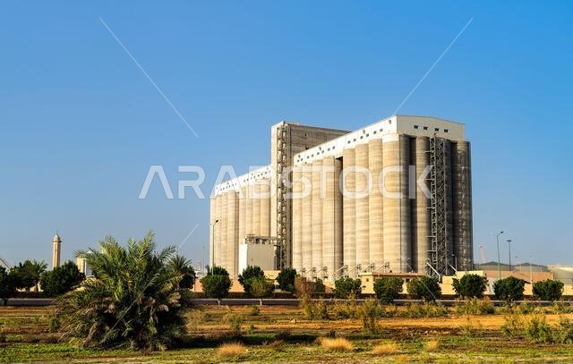 Large concrete grain silos and storage facility standing under a clear blue sky in the port city of Yanbu, Saudi Arabia.