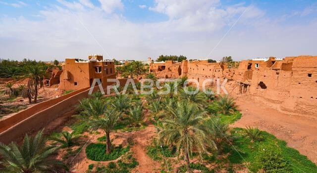 Aerial view of the rooftops of the mud brick houses of the heritage village of Ushaiqer, Saudi Arabia