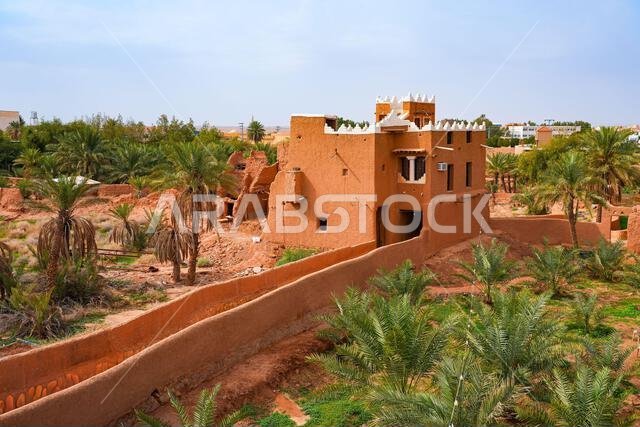 Aerial view of the rooftops of the mud brick houses of the heritage village of Ushaiqer, Saudi Arabia