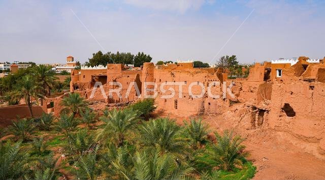 Aerial view of the rooftops of the mud brick houses of the heritage village of Ushaiqer, Saudi Arabia