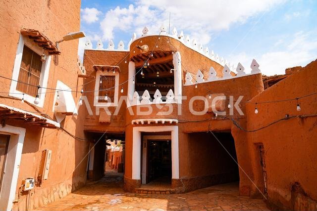 The traditional mud brick facade of the Governor's House in the heritage village of Ushaiqer, Saudi Arabia