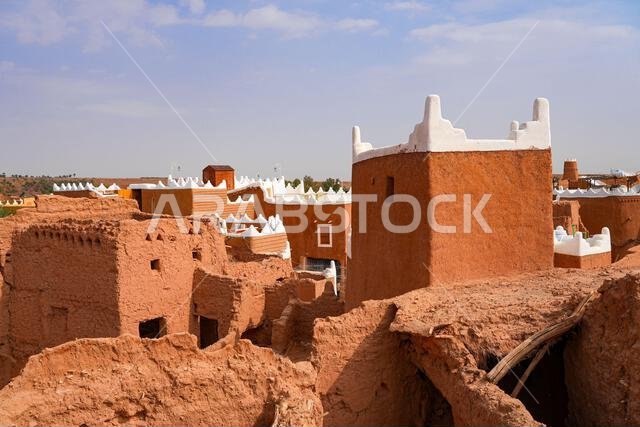 Rooftops of traditional mud brick buildings in the heritage village of Ushaiqer, Saudi Arabia
