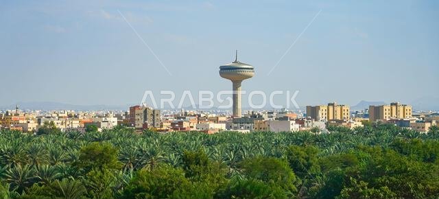 The iconic Madinah Water Tower rising above residential houses and a lush green palm grove in Saudi Arabia The iconic Madinah Water Tower rising above residential houses and a lush green palm grove in Saudi Arabia