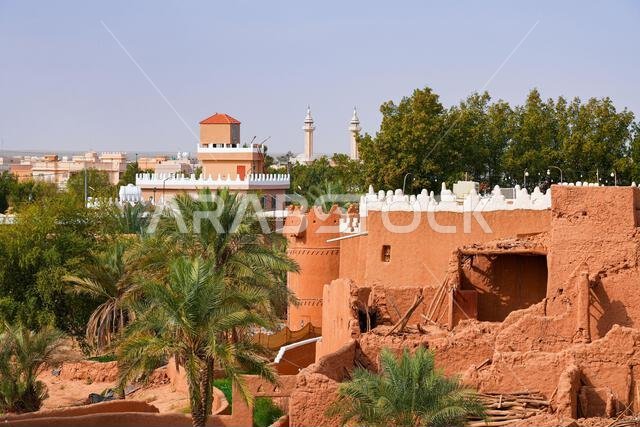 Aerial view of the rooftops of the mud brick houses of the heritage village of Ushaiqer, Saudi Arabia