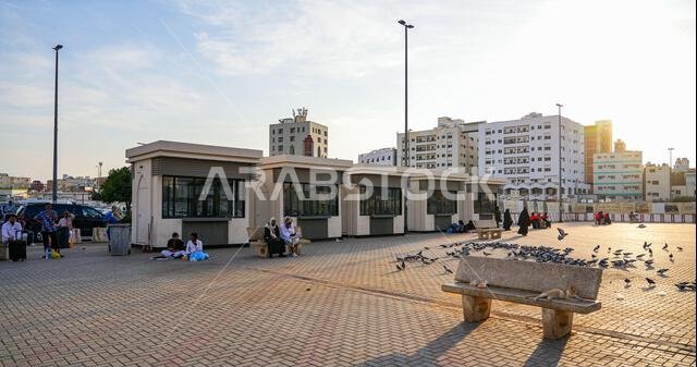 أسراب من الحمام تتجمع في ساحة عامة مرصوفة بالقرب من أكشاك الخدمة في المدينة المنورة، المملكة العربية السعودية