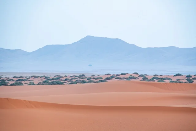 الكثبان الرملية الحمراء والجبال في صحراء النفود