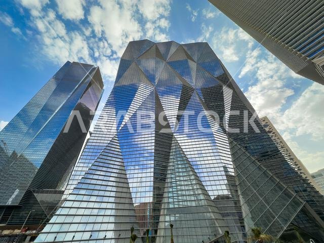 View from below of the facades of the high-rise buildings in the King Abdullah Financial District, Riyadh, Saudi Arabia