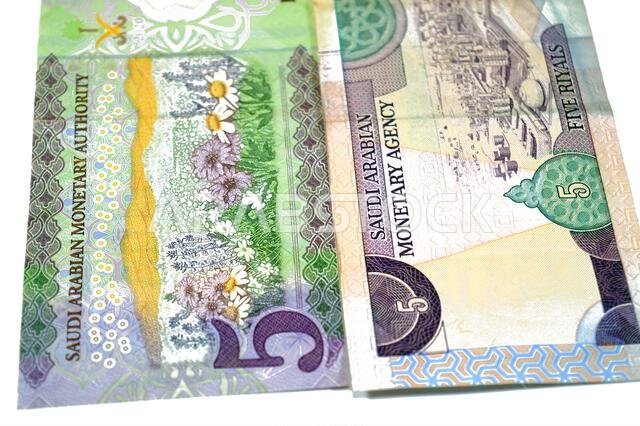 الوجه الخلفي لورقة نقدية من فئة 5 ريالات سعودية، عليها صور لمصفاة نفط وأزهار، وهي عملة سعودية قديمة الطراز.