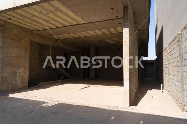 New house under construction in Riyadh, Saudi Arabia, showing cement walls, unfinished structure, and early building stages of a residential property.